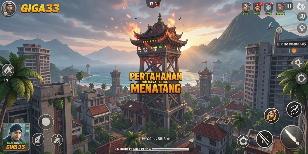 Screenshot gameplay GIGA33 yang menunjukkan pertahanan menara yang strategis.