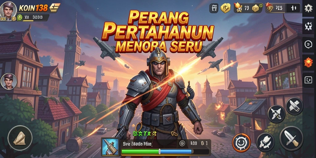 Tampilan permainan KOIN138 dengan menara pertahanan yang strategis.