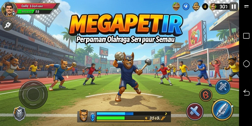 Tangkapan layar utama MEGAPETIR menampilkan aksi permainan olahraga yang seru.