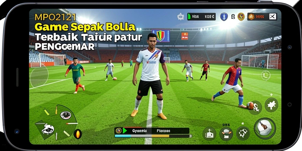 Tampilan gameplay sepenuh lapangan dengan fitur sepak bola menarik.