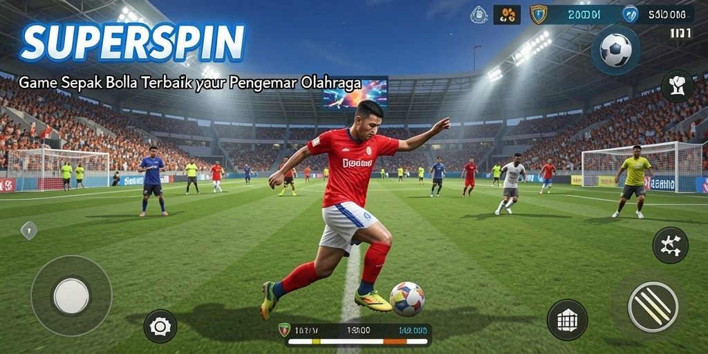 Tampilan gameplay <strong>SUPERSPIN</strong> yang penuh aksi di lapangan sepak bola.